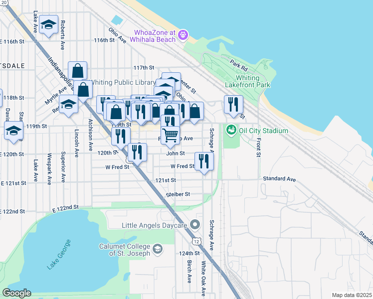 map of restaurants, bars, coffee shops, grocery stores, and more near 1521 John St in Whiting