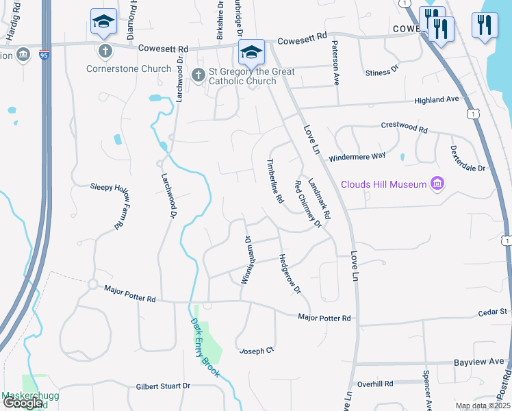 map of restaurants, bars, coffee shops, grocery stores, and more near 161 South Cobble Hill Road in Warwick
