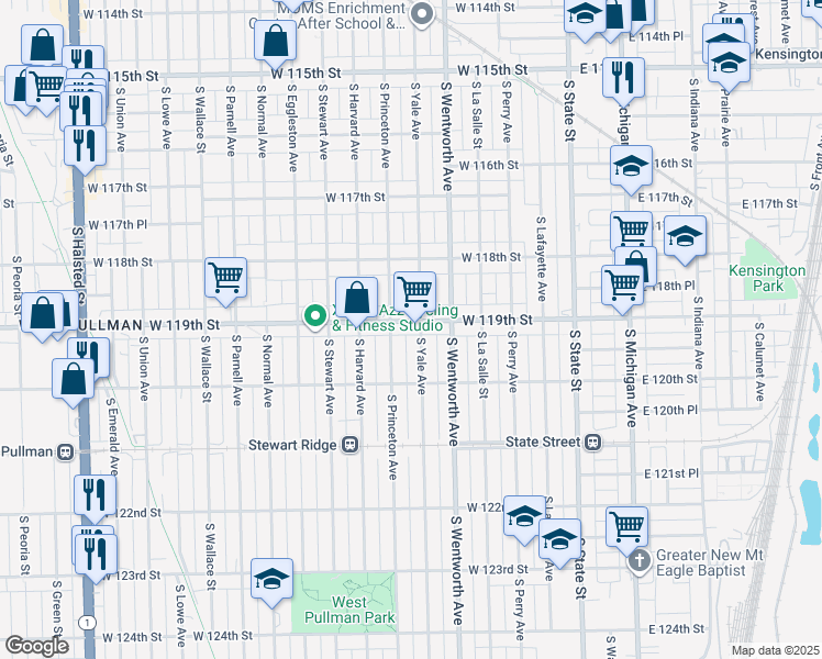 map of restaurants, bars, coffee shops, grocery stores, and more near 241 West 119th Street in Chicago