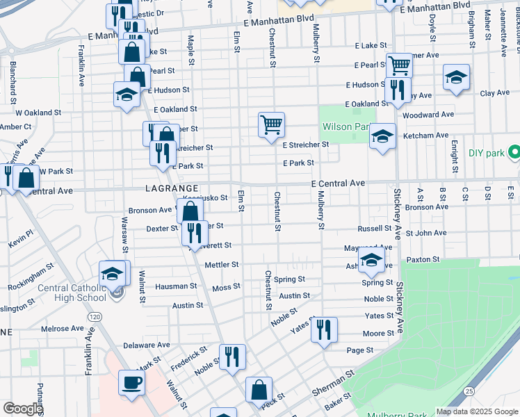 map of restaurants, bars, coffee shops, grocery stores, and more near 428 Bronson Avenue in Toledo
