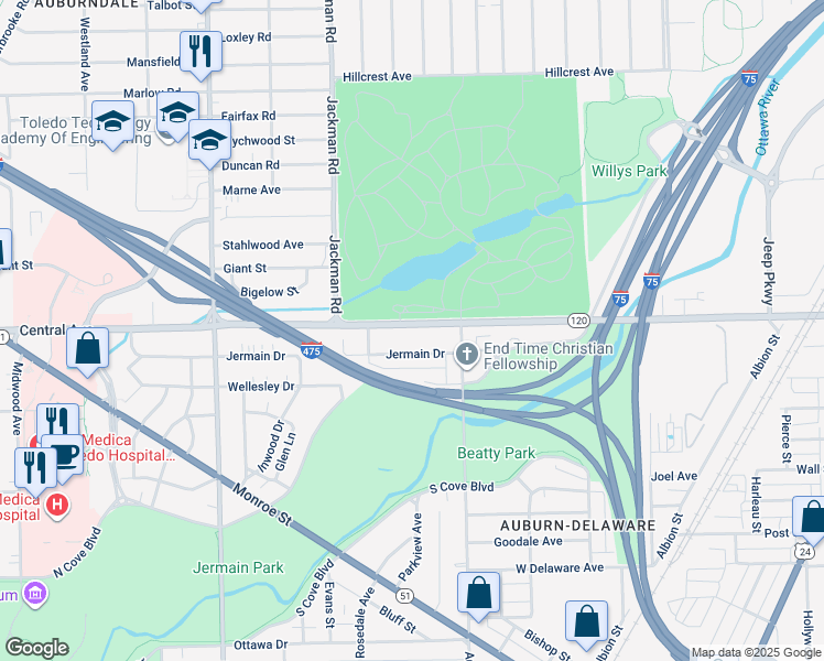 map of restaurants, bars, coffee shops, grocery stores, and more near 1547 Central Avenue in Toledo