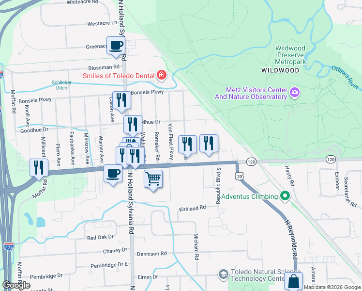 map of restaurants, bars, coffee shops, grocery stores, and more near 5650 Central Avenue in Toledo