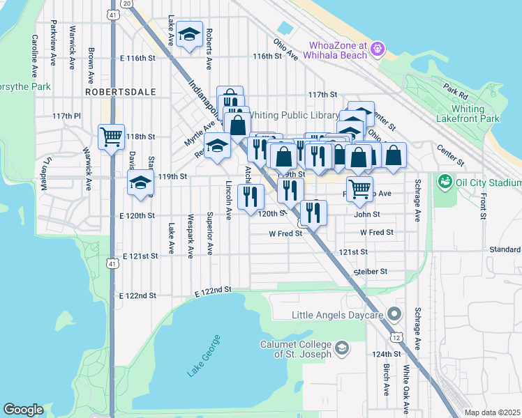 map of restaurants, bars, coffee shops, grocery stores, and more near 1213 120th Street in Whiting