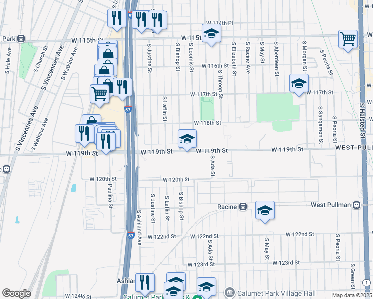 map of restaurants, bars, coffee shops, grocery stores, and more near 1404 West 119th Street in Chicago