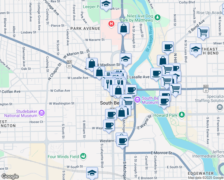 map of restaurants, bars, coffee shops, grocery stores, and more near 207 North Main Street in South Bend