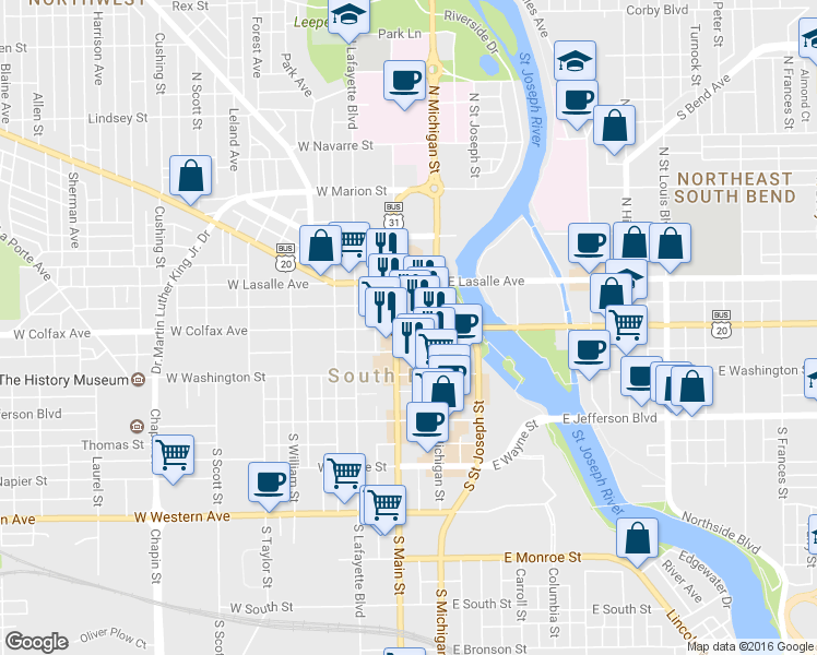 map of restaurants, bars, coffee shops, grocery stores, and more near 119 West Colfax Avenue in South Bend