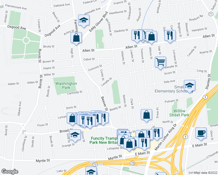 map of restaurants, bars, coffee shops, grocery stores, and more near 24 Lasalle Court in New Britain