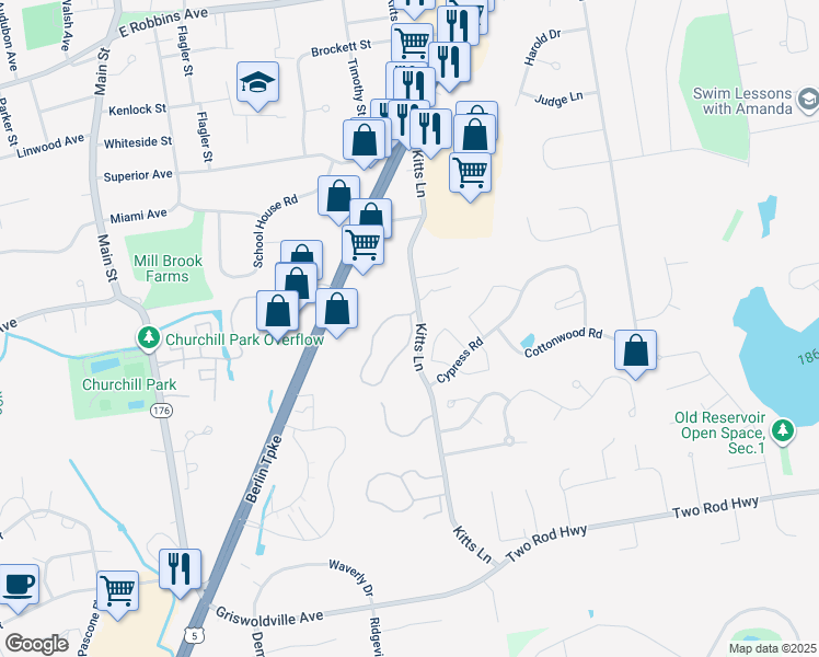 map of restaurants, bars, coffee shops, grocery stores, and more near 16 Crown Ridge in Newington