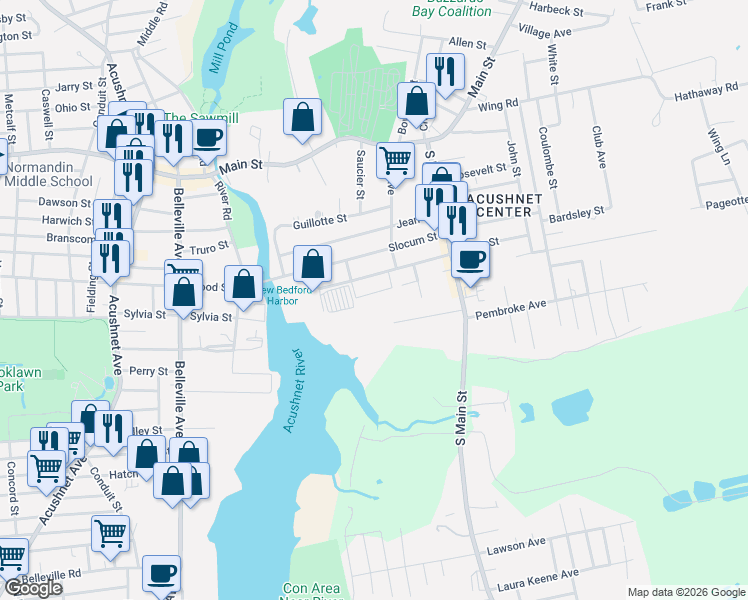 map of restaurants, bars, coffee shops, grocery stores, and more near 20 Rock Street in Acushnet