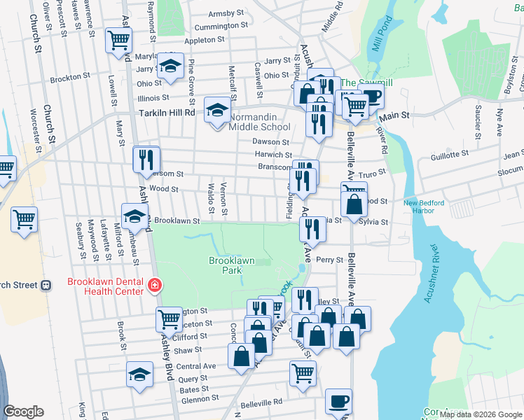 map of restaurants, bars, coffee shops, grocery stores, and more near 11 Sowle Street in New Bedford