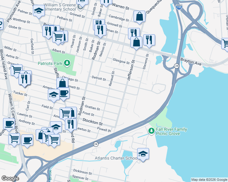 map of restaurants, bars, coffee shops, grocery stores, and more near 388 Emmett Street in Fall River