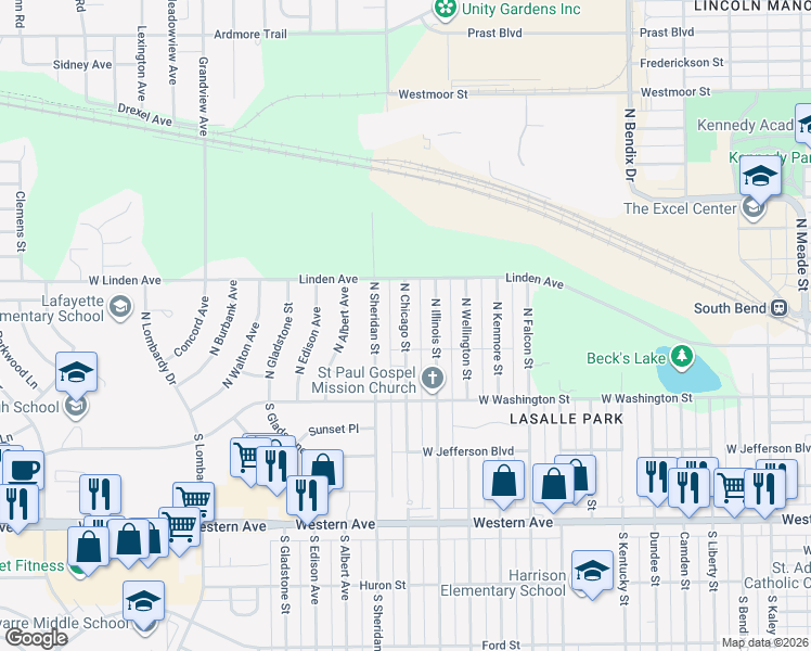 map of restaurants, bars, coffee shops, grocery stores, and more near 233 North Chicago Street in South Bend