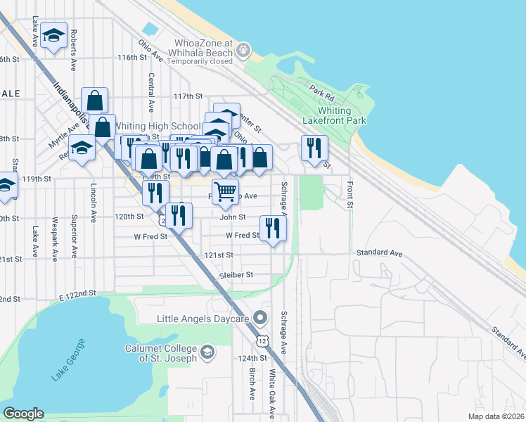 map of restaurants, bars, coffee shops, grocery stores, and more near 1600-1698 John Street in Whiting