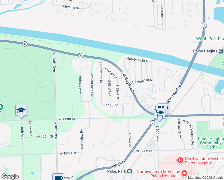 map of restaurants, bars, coffee shops, grocery stores, and more near 11728 South 82nd Court in Palos Park