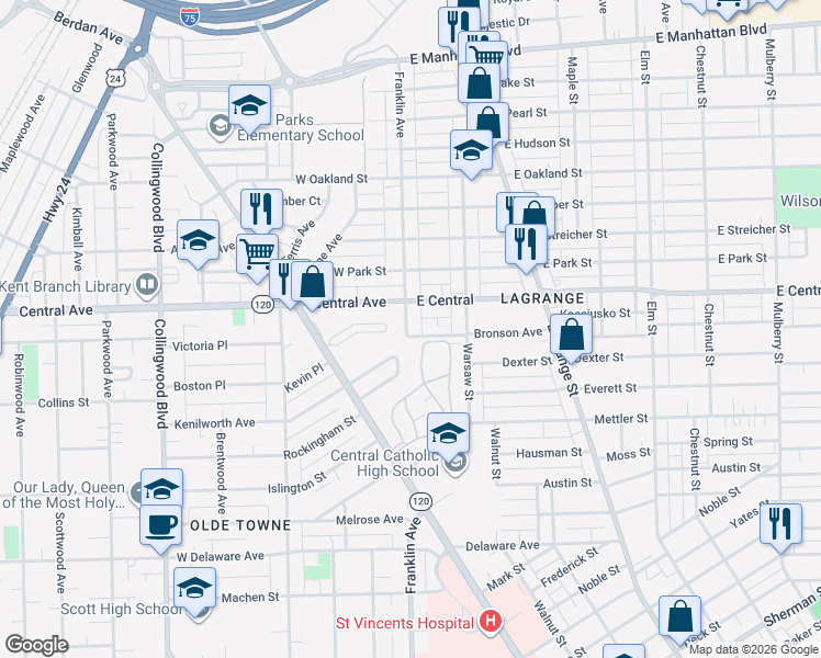map of restaurants, bars, coffee shops, grocery stores, and more near 29 Birckhead Place in Toledo