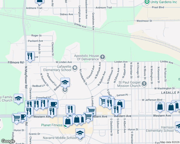 map of restaurants, bars, coffee shops, grocery stores, and more near 169 Concord Avenue in South Bend