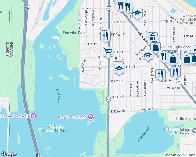 map of restaurants, bars, coffee shops, grocery stores, and more near 1945 Warwick Avenue in Whiting