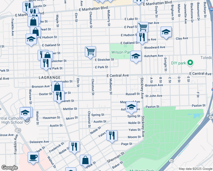 map of restaurants, bars, coffee shops, grocery stores, and more near 554 Bronson Avenue in Toledo