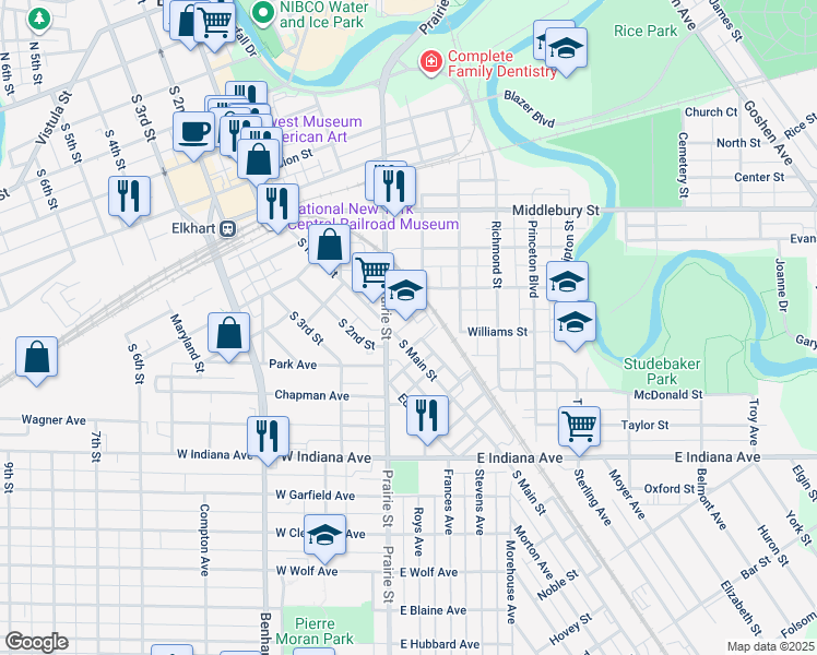 map of restaurants, bars, coffee shops, grocery stores, and more near 1114 South Main Street in Elkhart