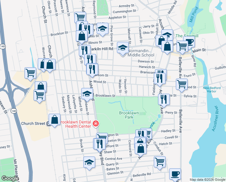 map of restaurants, bars, coffee shops, grocery stores, and more near 14 Moynan Street in New Bedford