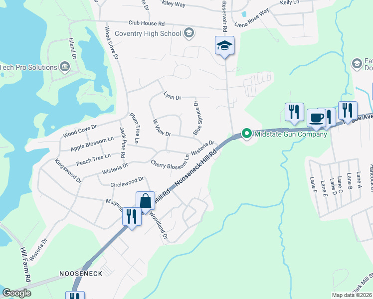 map of restaurants, bars, coffee shops, grocery stores, and more near 13 Wisteria Drive in Coventry
