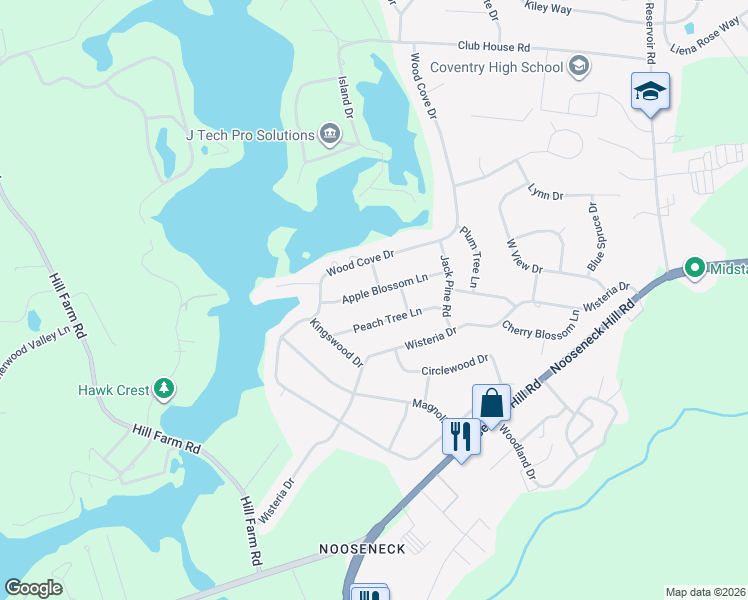 map of restaurants, bars, coffee shops, grocery stores, and more near 9 Peach Tree Lane in Coventry