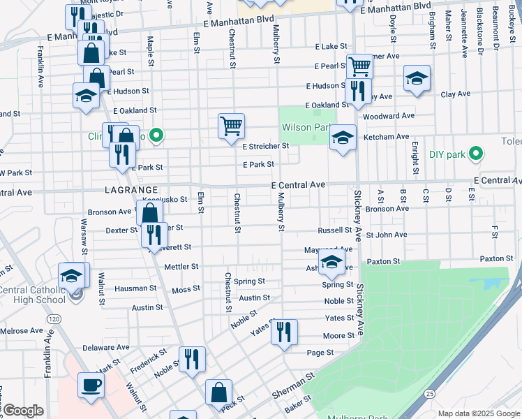 map of restaurants, bars, coffee shops, grocery stores, and more near 538 Bronson Avenue in Toledo