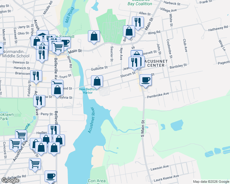 map of restaurants, bars, coffee shops, grocery stores, and more near 20 Rock Street in Acushnet
