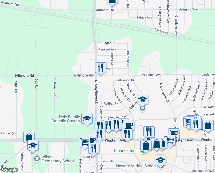 map of restaurants, bars, coffee shops, grocery stores, and more near 5206 Windfall Court in South Bend