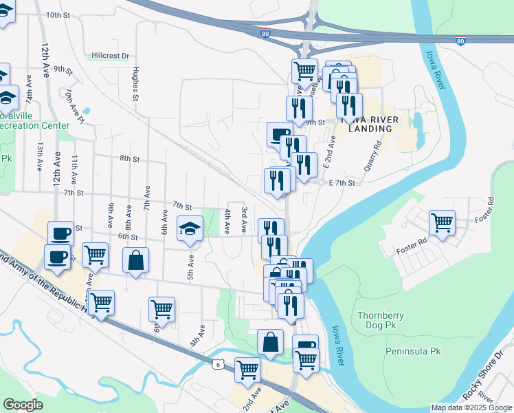 map of restaurants, bars, coffee shops, grocery stores, and more near 207 6th Street in Coralville