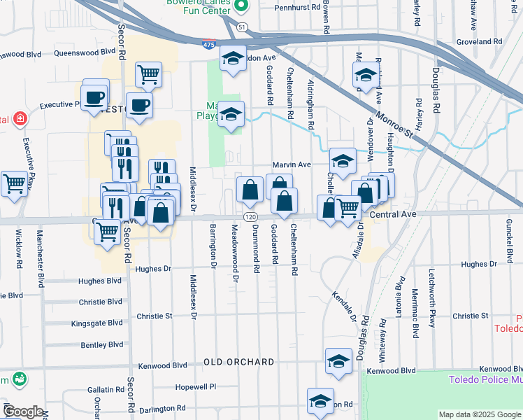 map of restaurants, bars, coffee shops, grocery stores, and more near 2916 Central Avenue in Toledo