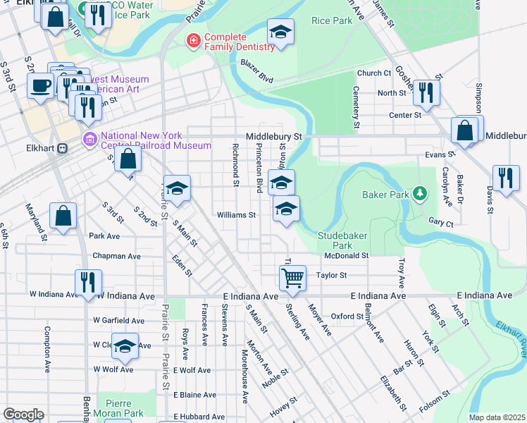 map of restaurants, bars, coffee shops, grocery stores, and more near 1034 Princeton Boulevard in Elkhart