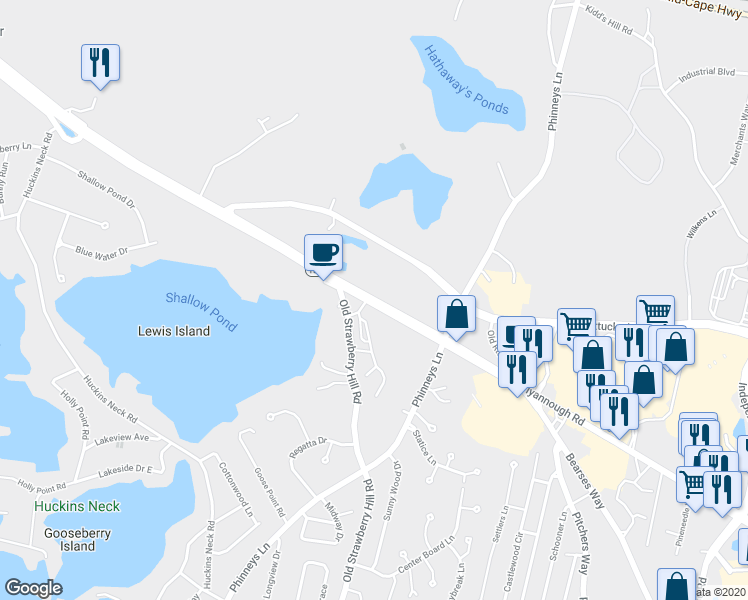 map of restaurants, bars, coffee shops, grocery stores, and more near 1411 Phinneys Lane in Barnstable