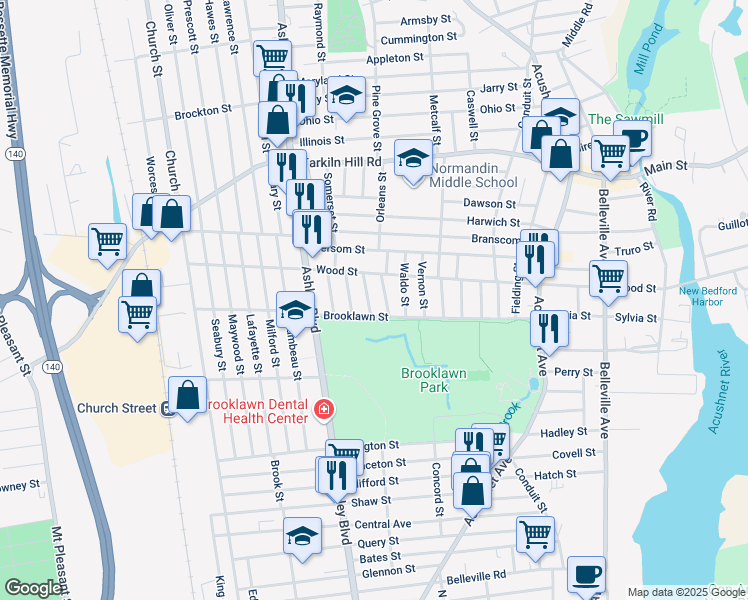 map of restaurants, bars, coffee shops, grocery stores, and more near 14 Moynan Street in New Bedford