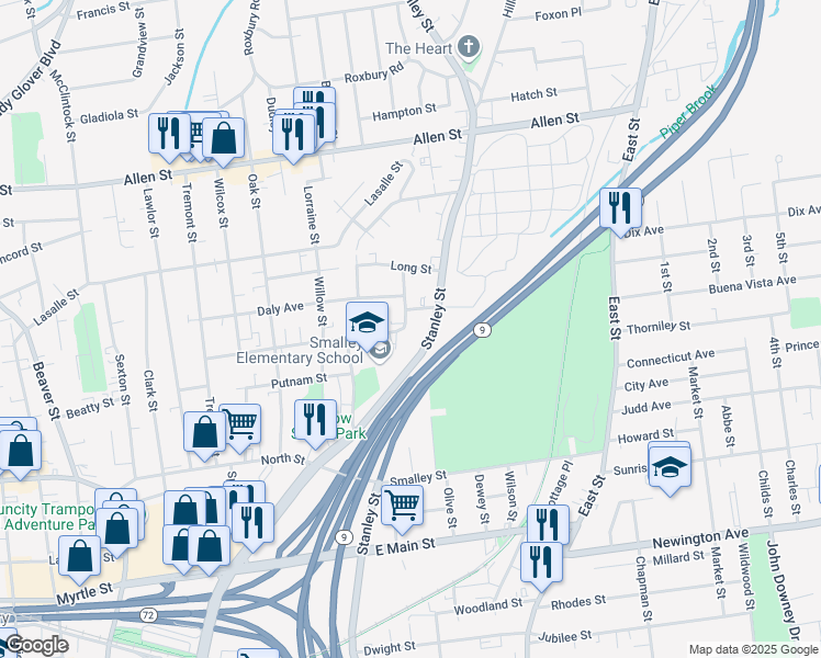 map of restaurants, bars, coffee shops, grocery stores, and more near 1100 Stanley Street in New Britain