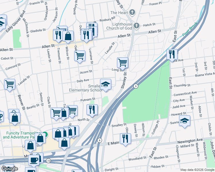 map of restaurants, bars, coffee shops, grocery stores, and more near 186 West Street in New Britain