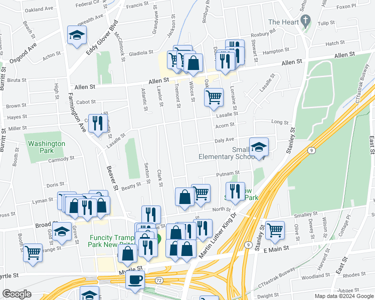 map of restaurants, bars, coffee shops, grocery stores, and more near 132 Tremont Street in New Britain