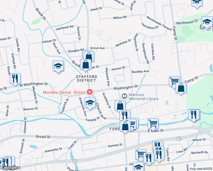 map of restaurants, bars, coffee shops, grocery stores, and more near 177 Washington Street in Bristol