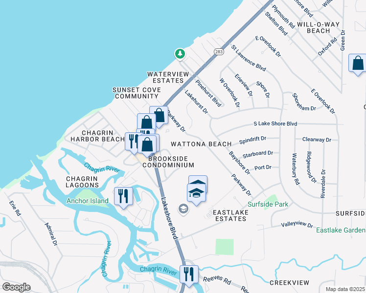 map of restaurants, bars, coffee shops, grocery stores, and more near 36260 Lakeshore Boulevard in Eastlake