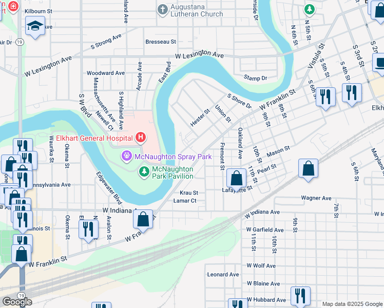 map of restaurants, bars, coffee shops, grocery stores, and more near 1400 West Franklin Street in Elkhart