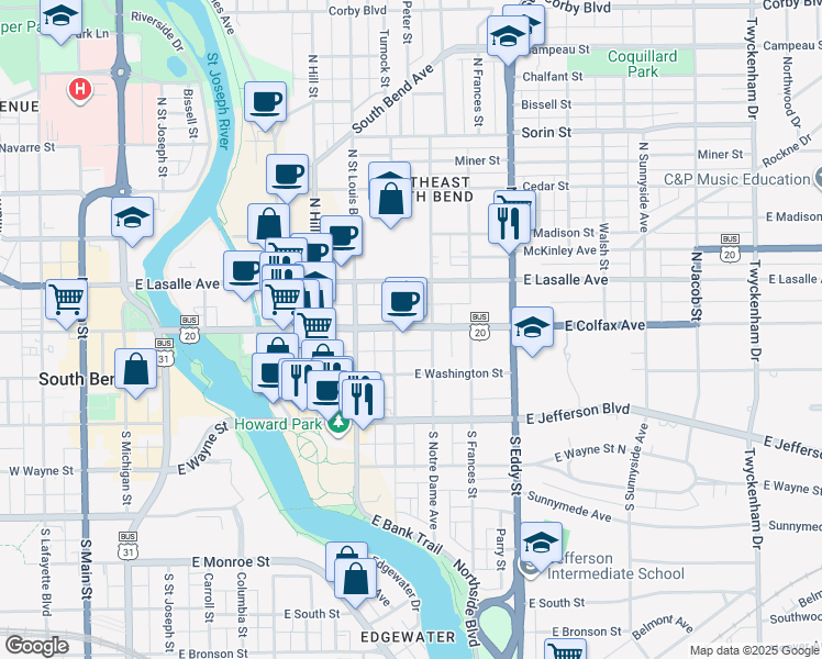 map of restaurants, bars, coffee shops, grocery stores, and more near 119 North Saint Peter Street in South Bend