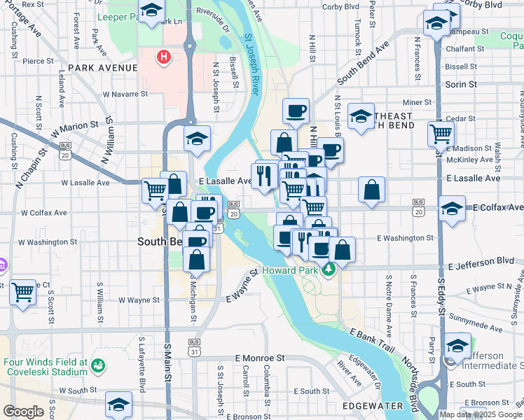 map of restaurants, bars, coffee shops, grocery stores, and more near 322 East Colfax Avenue in South Bend