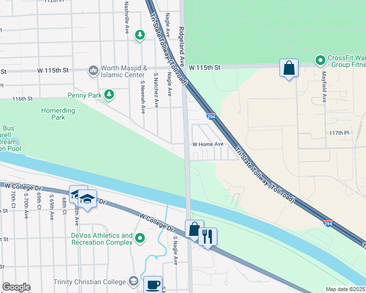 map of restaurants, bars, coffee shops, grocery stores, and more near 11740 South Ridgeland Avenue in Worth