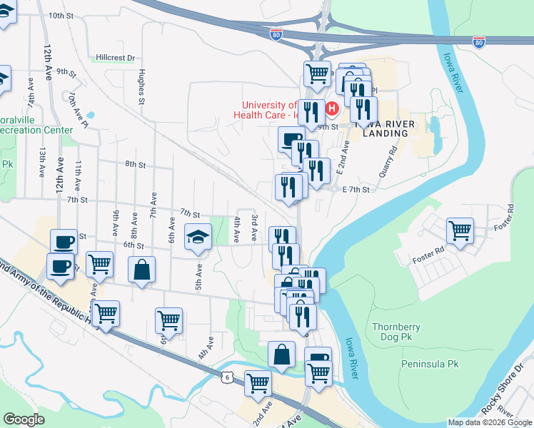 map of restaurants, bars, coffee shops, grocery stores, and more near 207 6th Street in Coralville