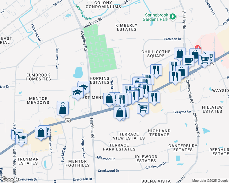 map of restaurants, bars, coffee shops, grocery stores, and more near 9151 Mentor Avenue in Mentor