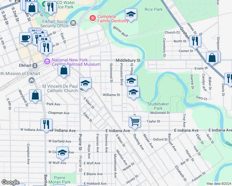 map of restaurants, bars, coffee shops, grocery stores, and more near 612 Williams Street in Elkhart