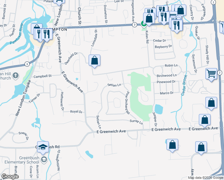 map of restaurants, bars, coffee shops, grocery stores, and more near 32 Silverwood Lane in West Warwick