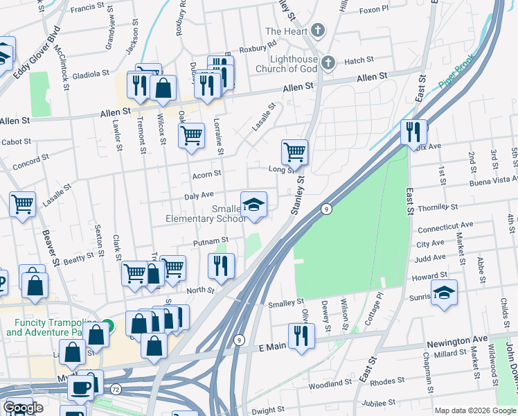 map of restaurants, bars, coffee shops, grocery stores, and more near 186 West Street in New Britain