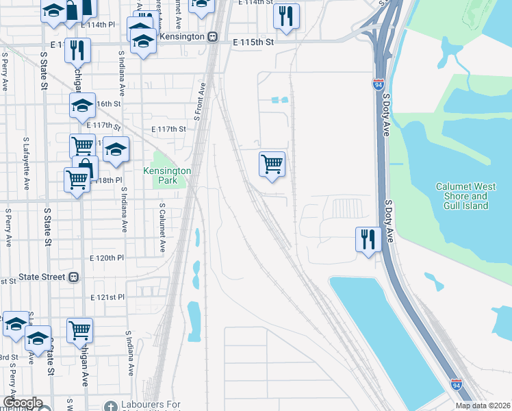 map of restaurants, bars, coffee shops, grocery stores, and more near 11805 South Cottage Grove Avenue in Chicago
