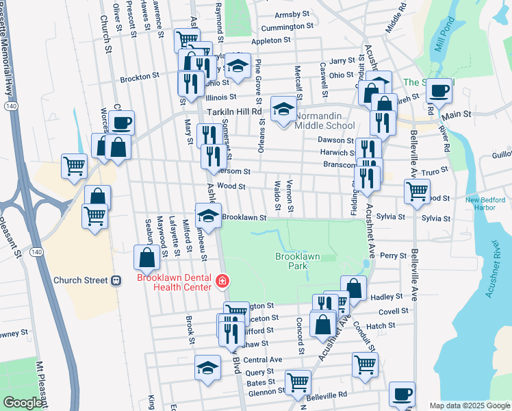map of restaurants, bars, coffee shops, grocery stores, and more near 14 Moynan Street in New Bedford